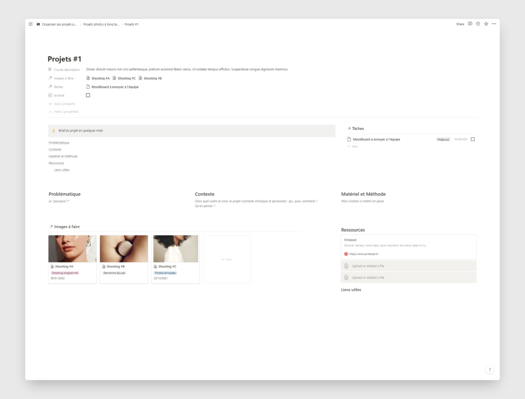 Page Projet #1 du template Notion.