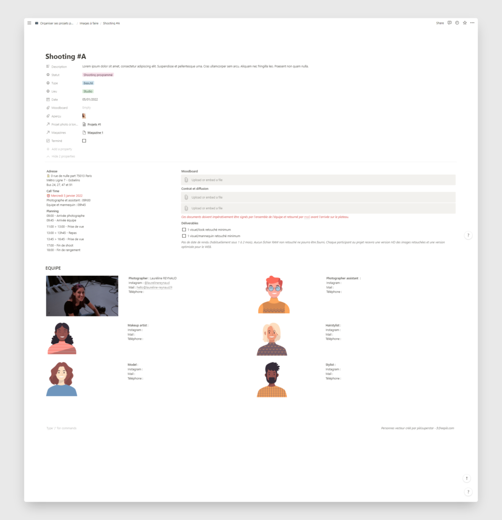 Créer une callsheet pour un shooting à travers Notion